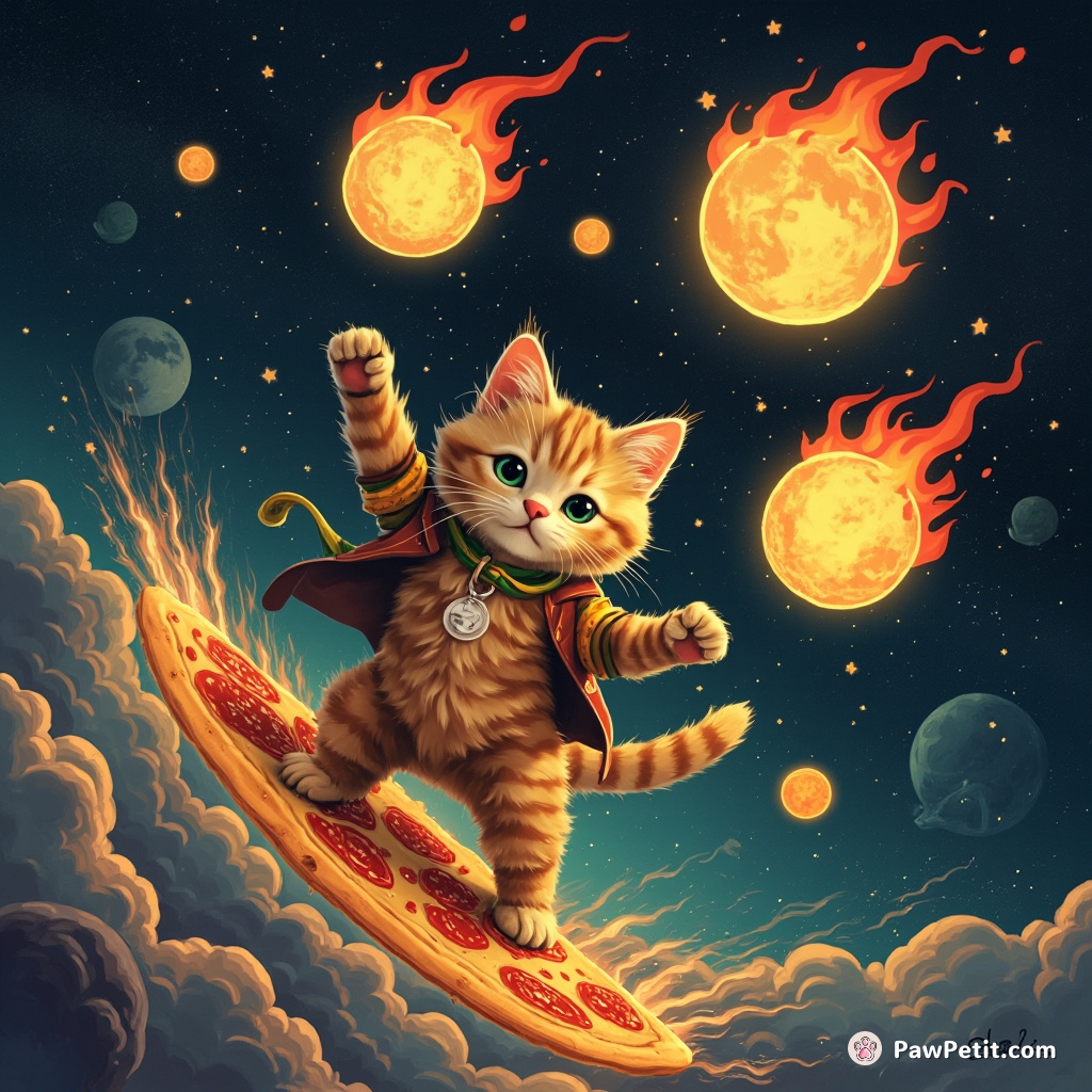 Cat juggling three burning moons while surfing on a pizza slice in space.