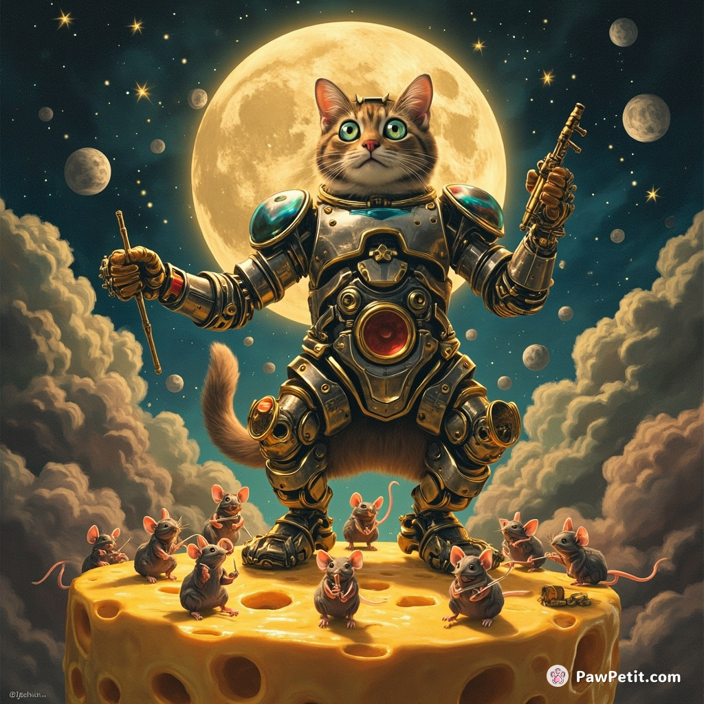 Cyborg cat conducting a miniaturized orchestra of technicolor mice atop floating cheese moon.