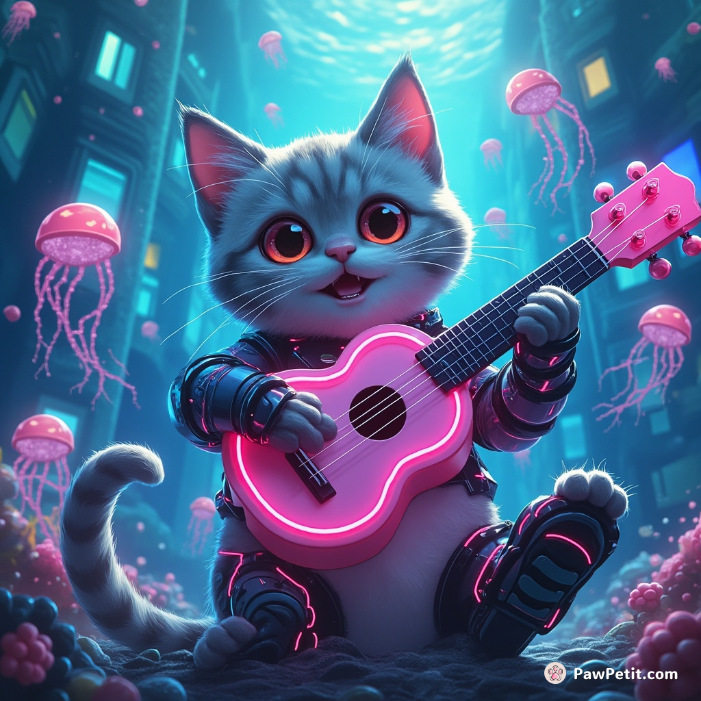 A cybernetic cat happily playing a neon ukulele, as electric jellyfish float around in an underwater city.