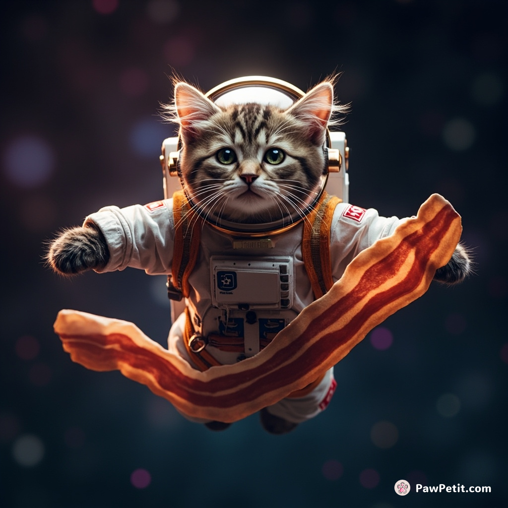 Cat dressed as a disco astronaut flying on bacon in zero gravity.