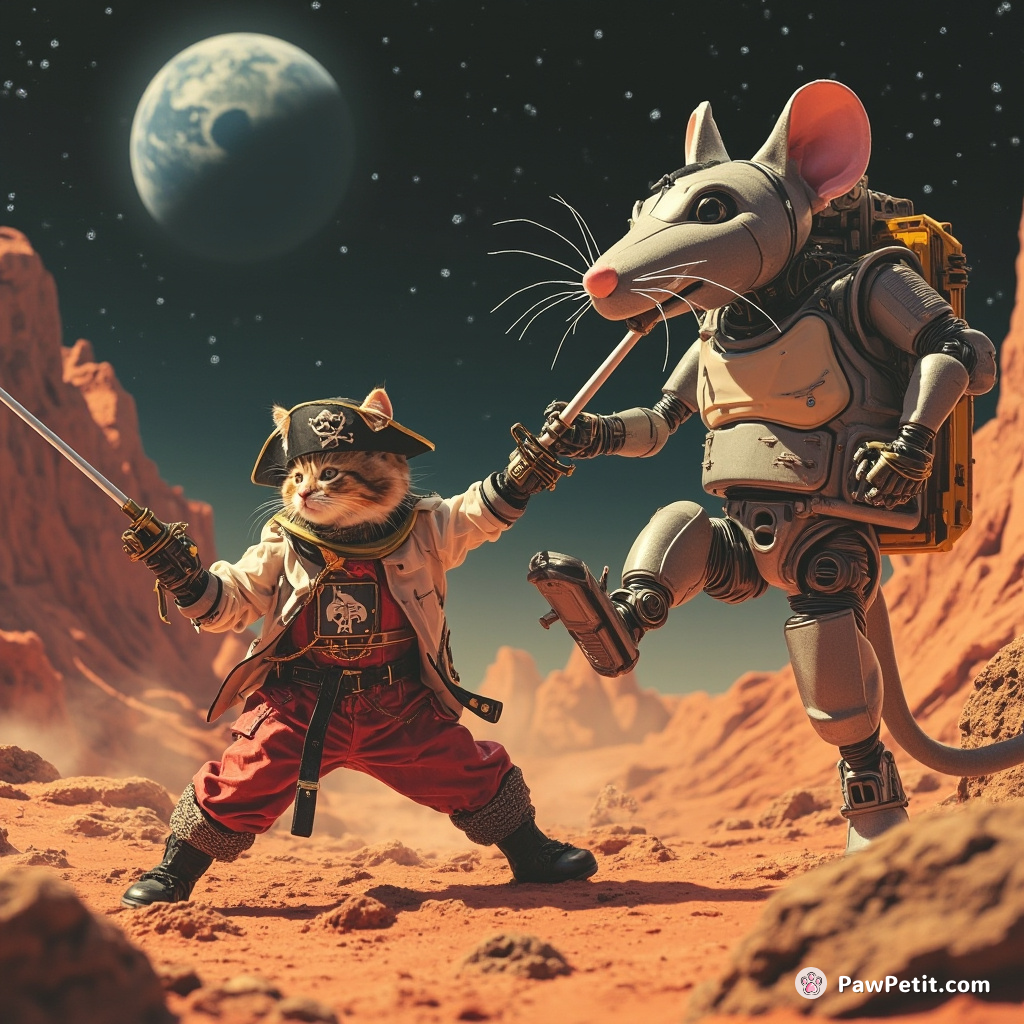 A cat dressed as a spacesuit-wearing pirate vigorously sword-fighting with a gigantic robotic mouse on Mars.
