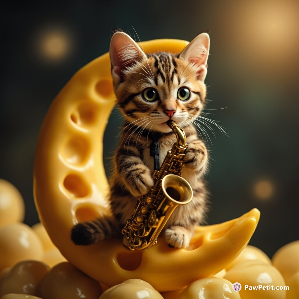 A jazz-loving cat scatting into a miniature saxophone on a cheese moon.