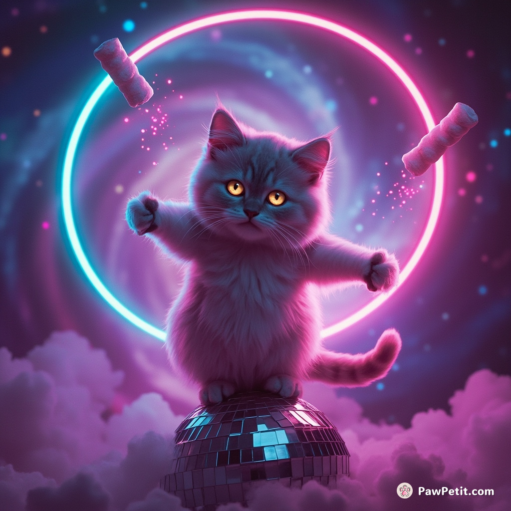 A neon cat hula-hooping on top of a disco ball while shooting marshmallows from its eyes in a dreamy whirlpool galaxy.