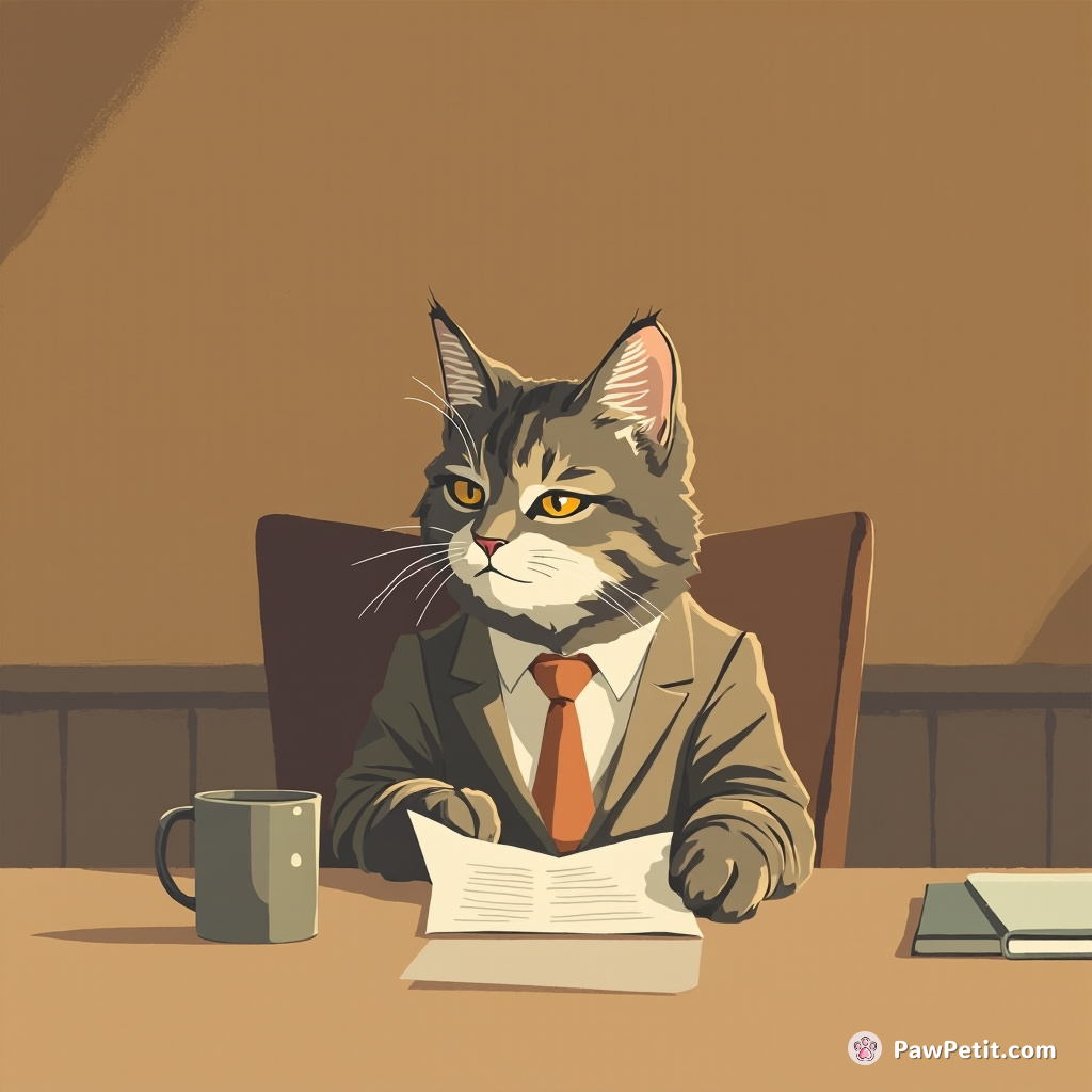 The cat conducts a board meeting, furrowing its brow and tapping its paw for attention, dictating quarterly earnings with a meow.