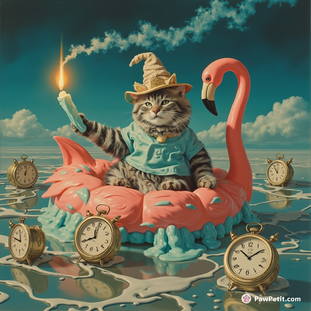 A blue-wax candle cat inelegantly casting sleep spells with a whimsical hat, on a flamingo raft floating over melting clocks in a Dali-esque painting.