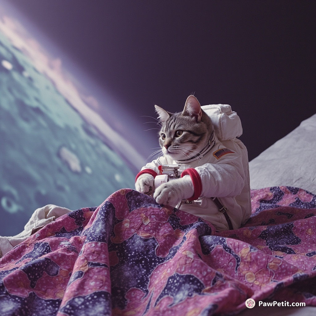 Cat sewing a galaxy-patterned quilt in zero gravity, wearing astronaut suit.