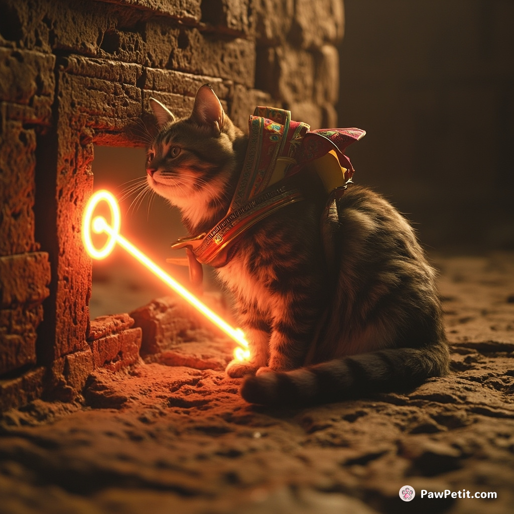 Space-time traveling cat unlocking an ancient Egyptian pyramid with a neon key.