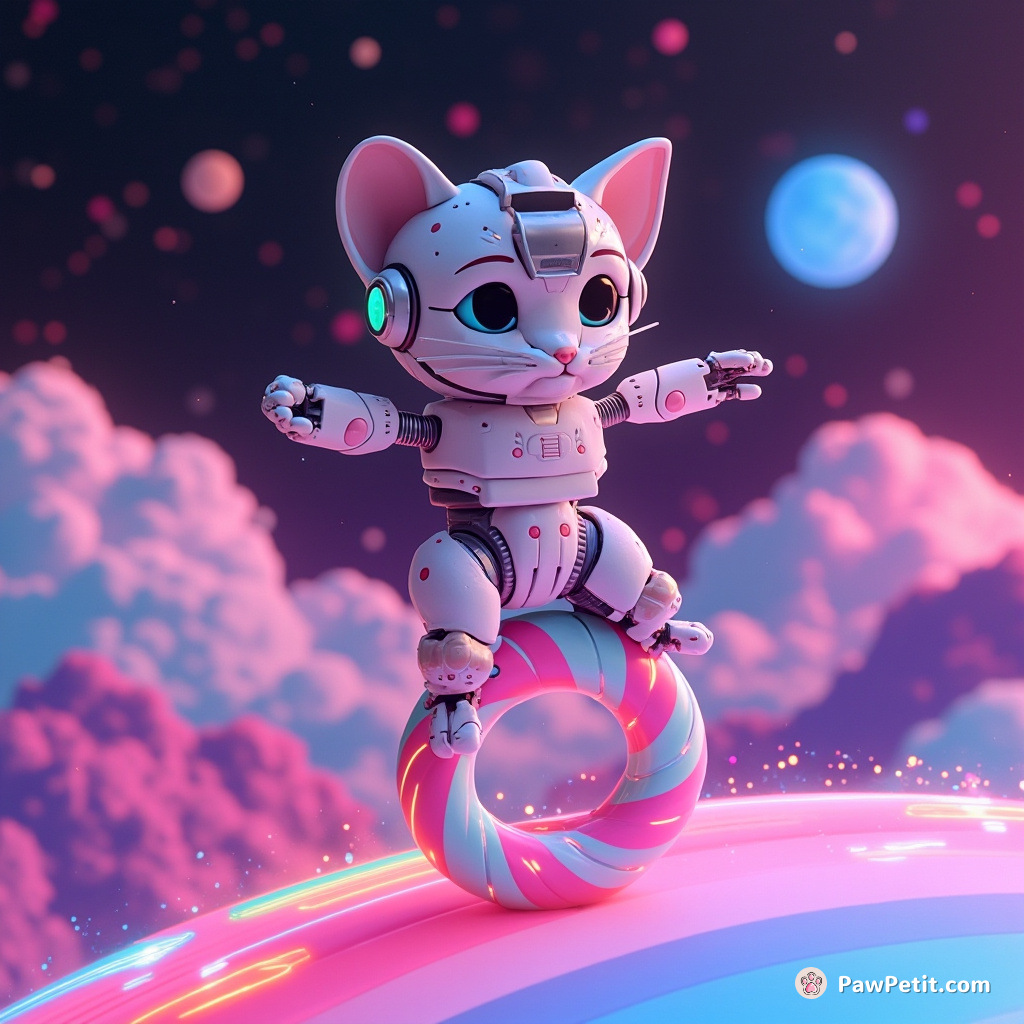 Cyborg cat balancing on a shimmering candy cane over a pixelated rainbow in the vaporwave-themed asteroid field.