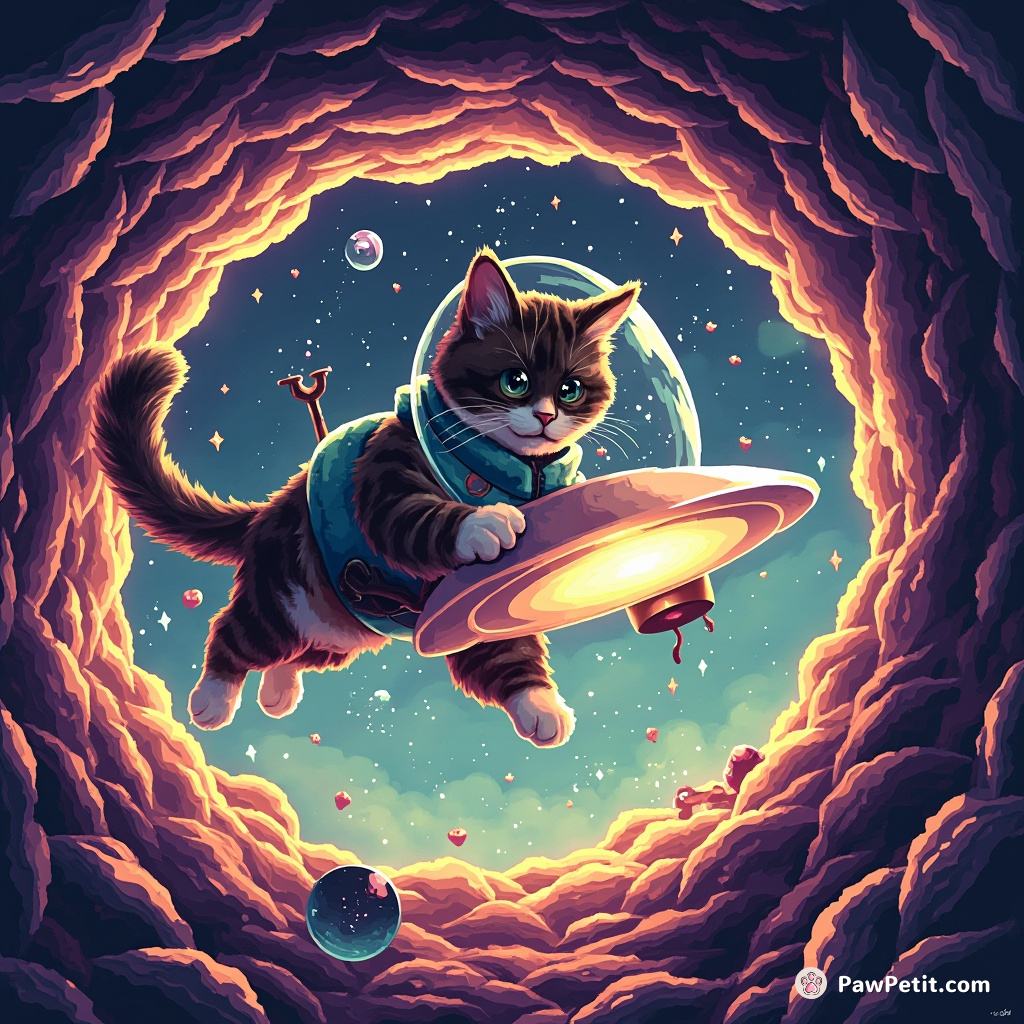 A cat leaps through a swirling portal, manipulating holographic levers to pilot a glowing, levitating saucer.