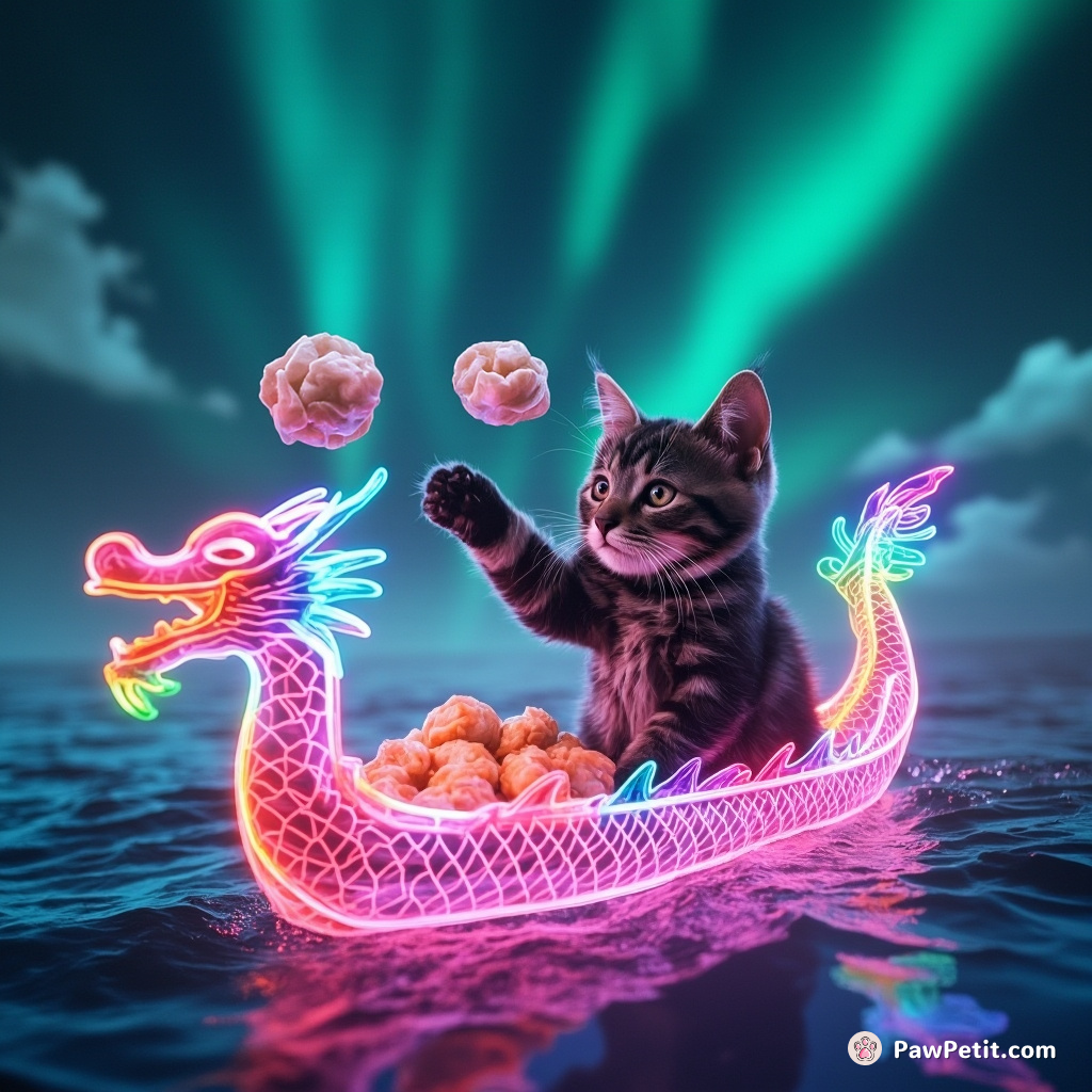 Cyberpunk cat throwing rainbow-colored 粽子 from inside a holographic dragon boat under aurora borealis skies.