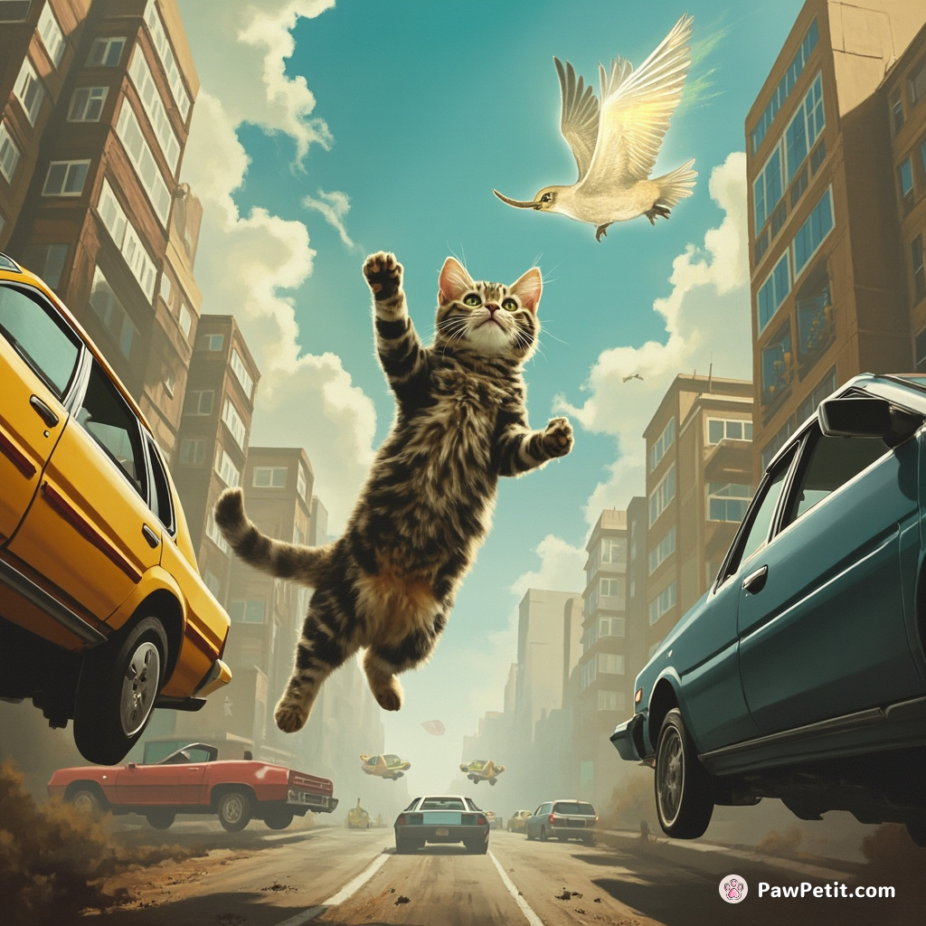 In a floating city, a cat leaps between levitating cars to catch a holographic bird, defying gravity with each bound.