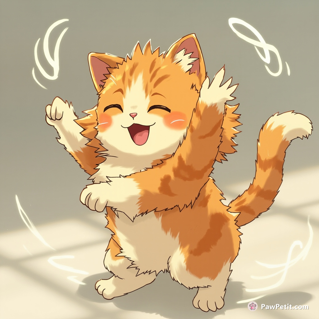 The cat, in a whirlwind of fur, dances on hind legs, chasing shadows with a human-like grace and fervor.