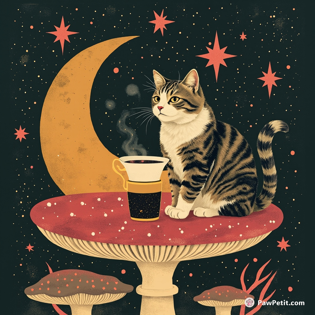 A Victorian cat sipping cosmic tea on a mushroom moon with ruby stars.
