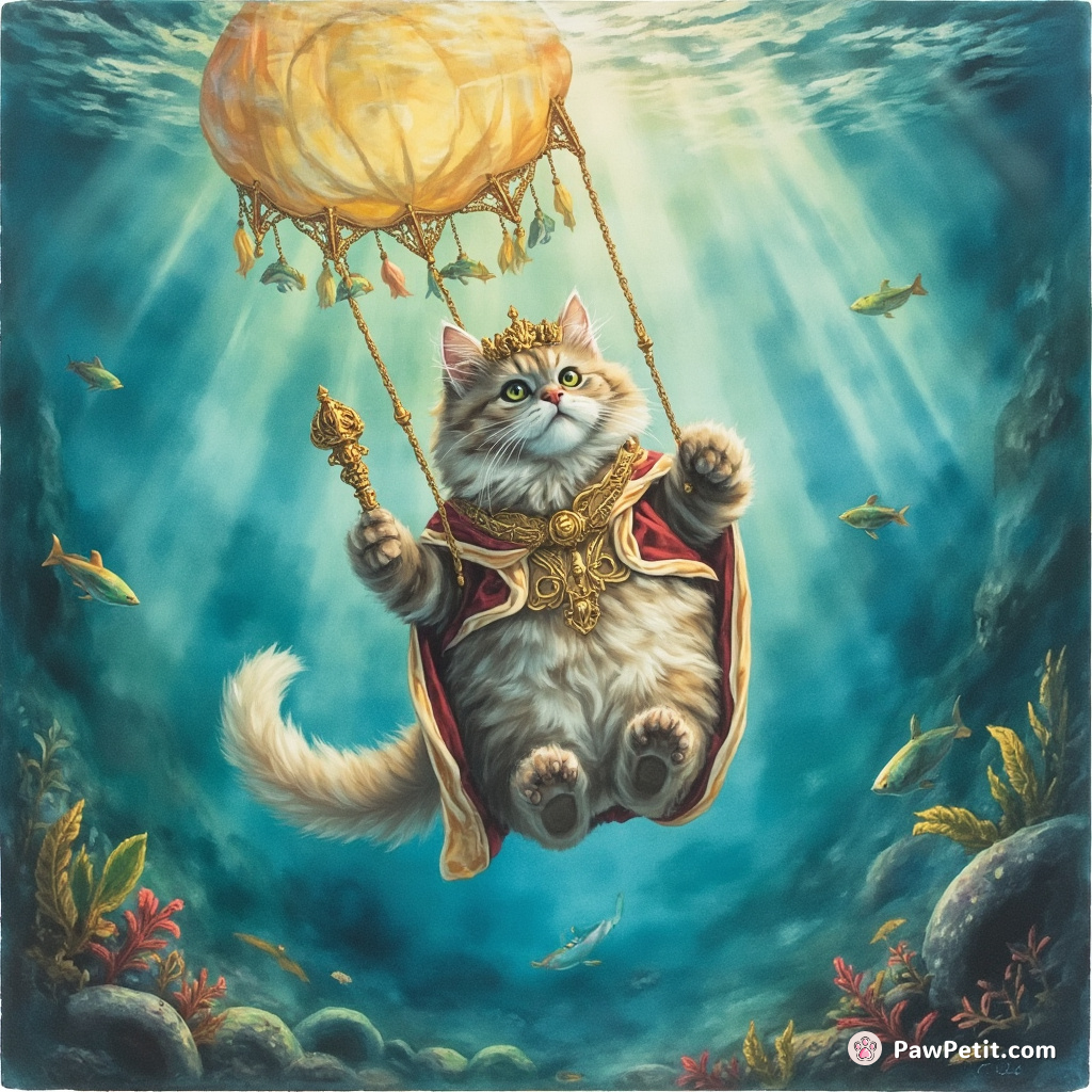 A royal Persian cat parachuting into a forgotten underwater Atlantis, holding a scepter of tuna.