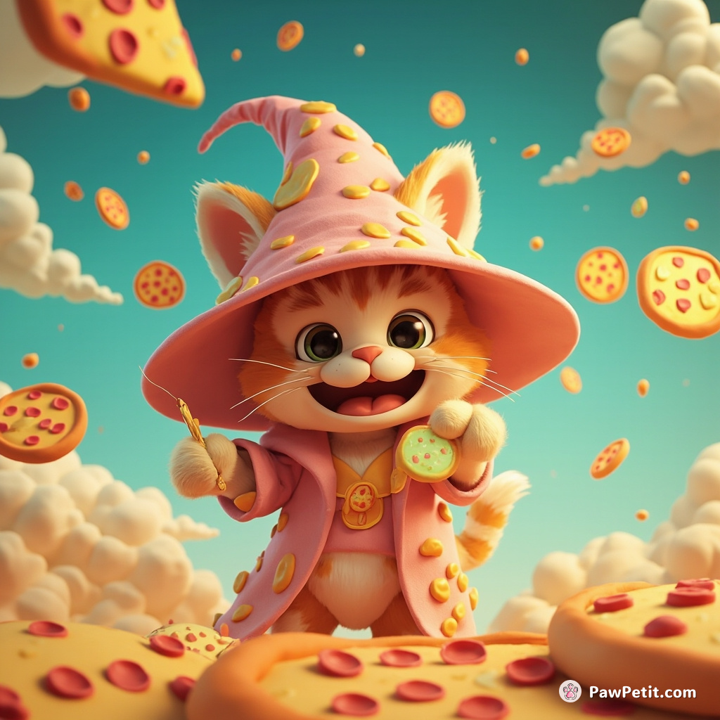 A feline wizard performing a polka-dot spell causing pizzas to rain from the sky.