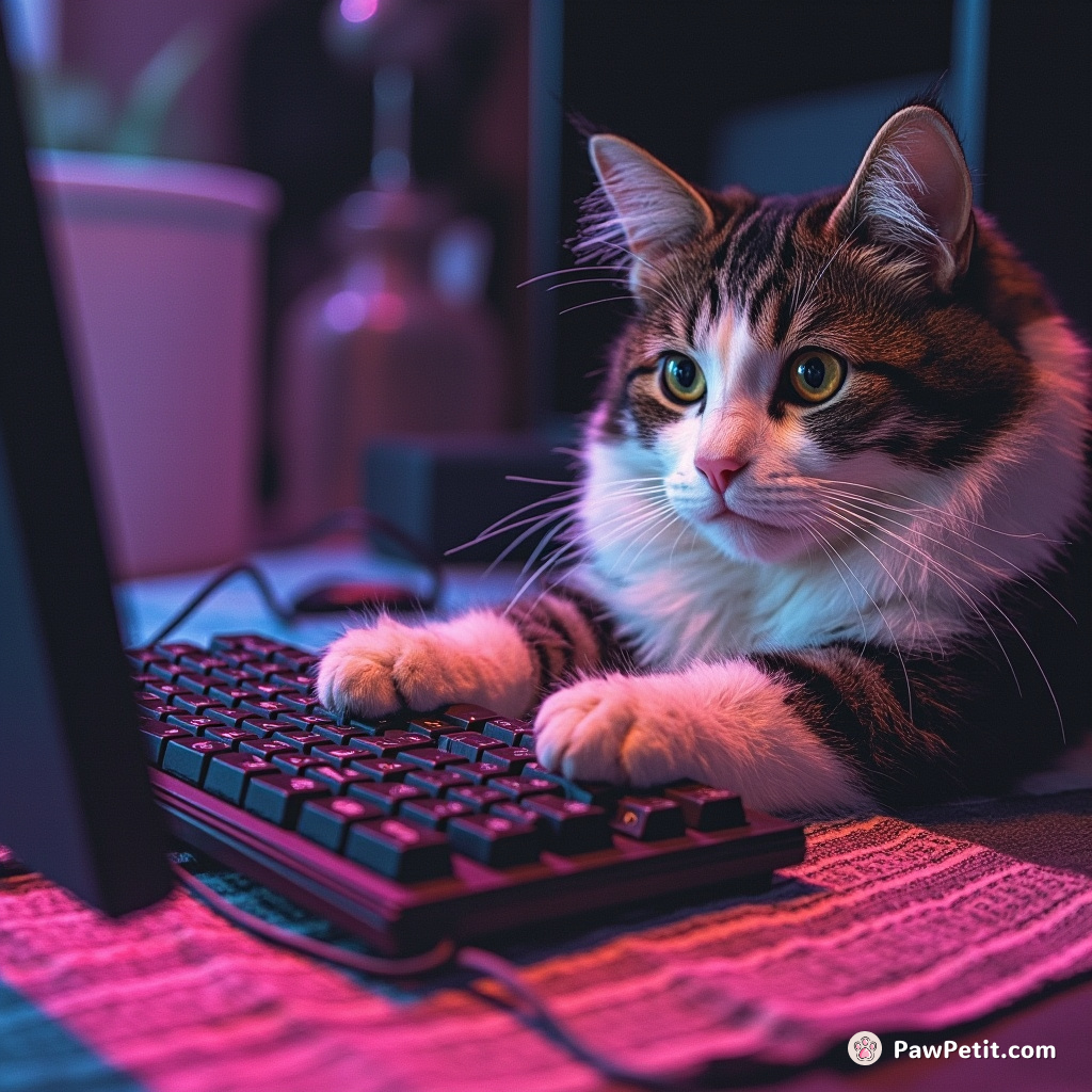 Cat sees human typing frantically, assumes it's a ritual to summon food, so it paws the keyboard eagerly.