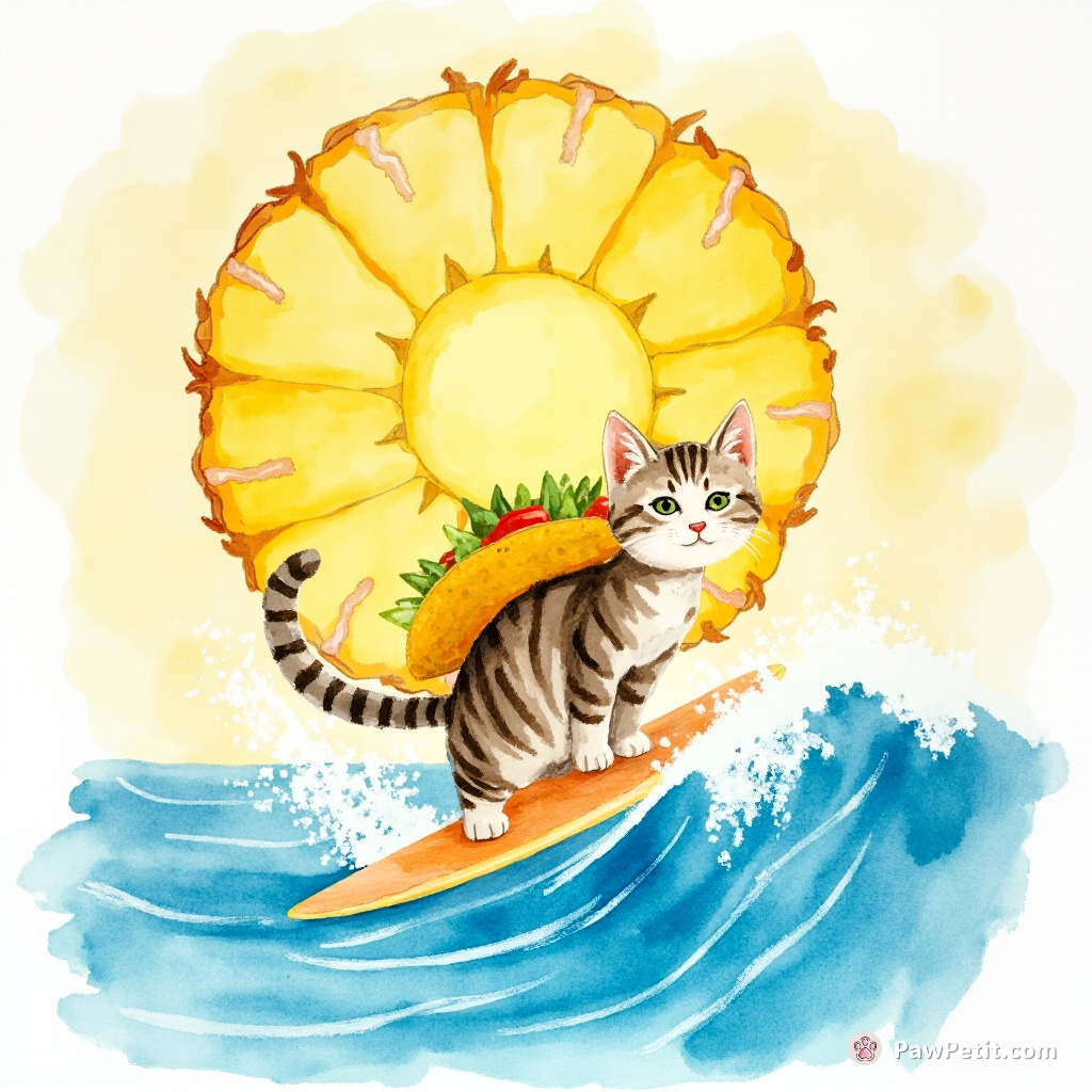 Cat surfing a taco wave against a Pineapple Sun.