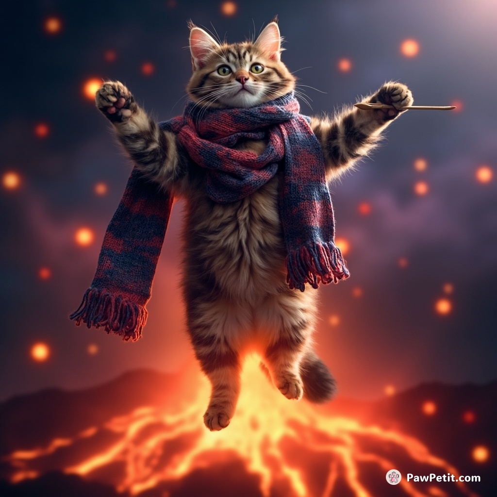 Cat levitating over an erupting neon lava volcano while knitting a galaxy-themed scarf.