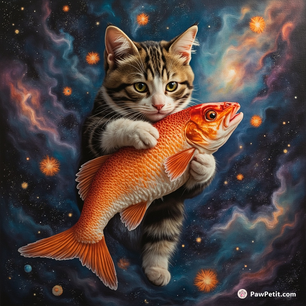 Cat making interstellar sushi in zero gravity, surrounded by cosmic ingredients with radiant nebulas reflected in gleaming fish scales.