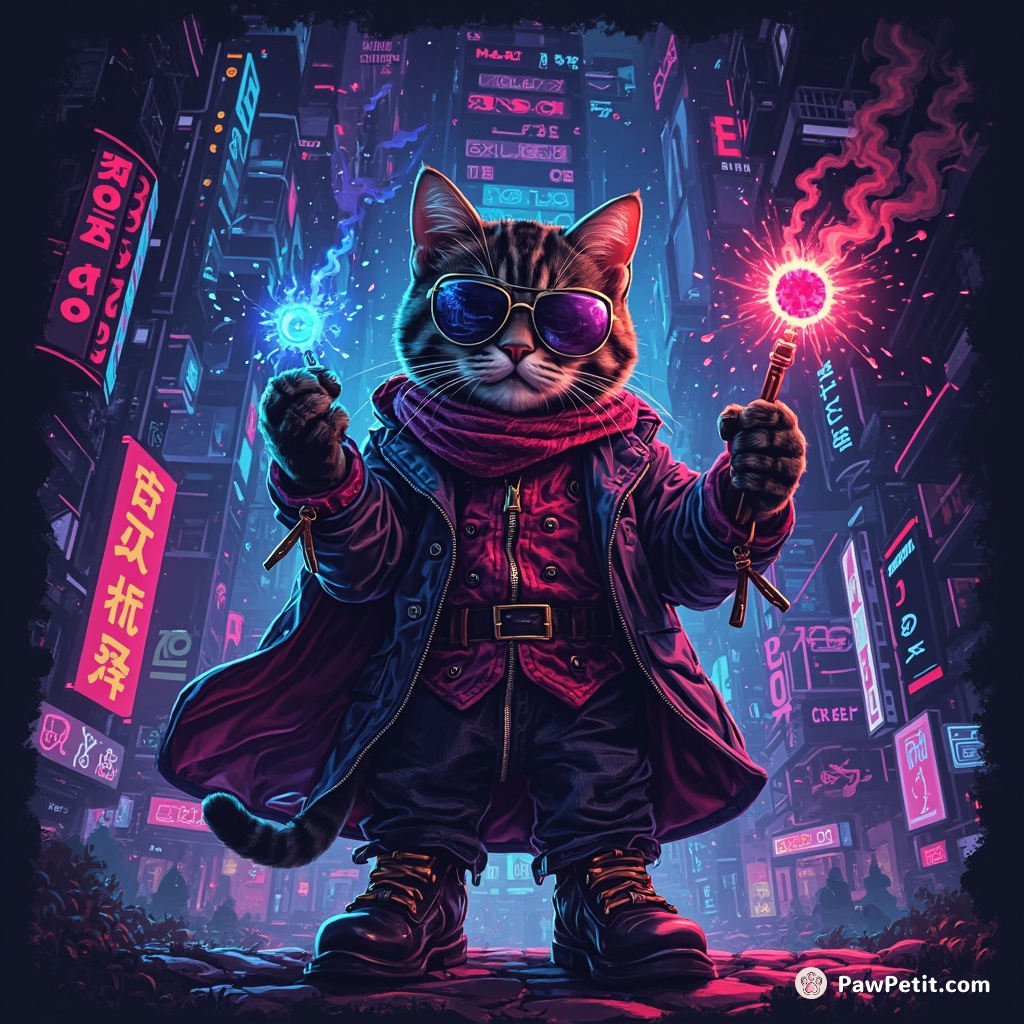 Cyberpunk magician cat casting binary code spells amidst neon-night cityscape.