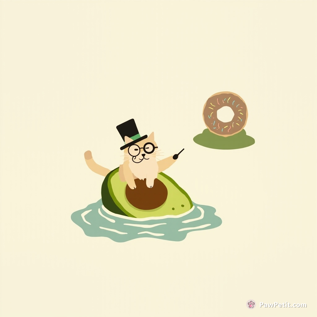 Cat with a monocle and top hat sailing on an avocado in the sea of milk, smugly pointing towards a donut floating island.