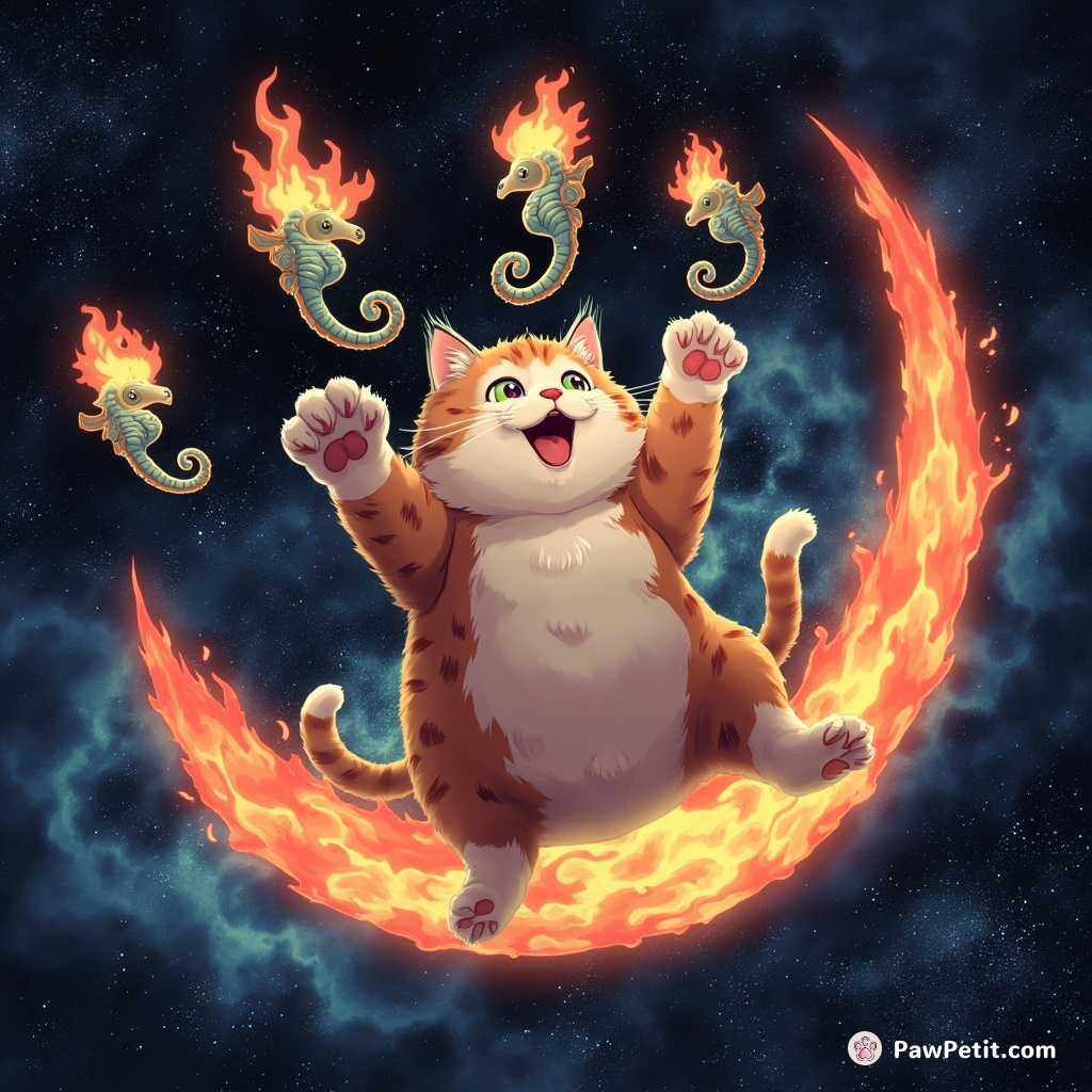 A giant cat juggling flaming seahorses on a floating crescent moon, set against a nebula backdrop.
