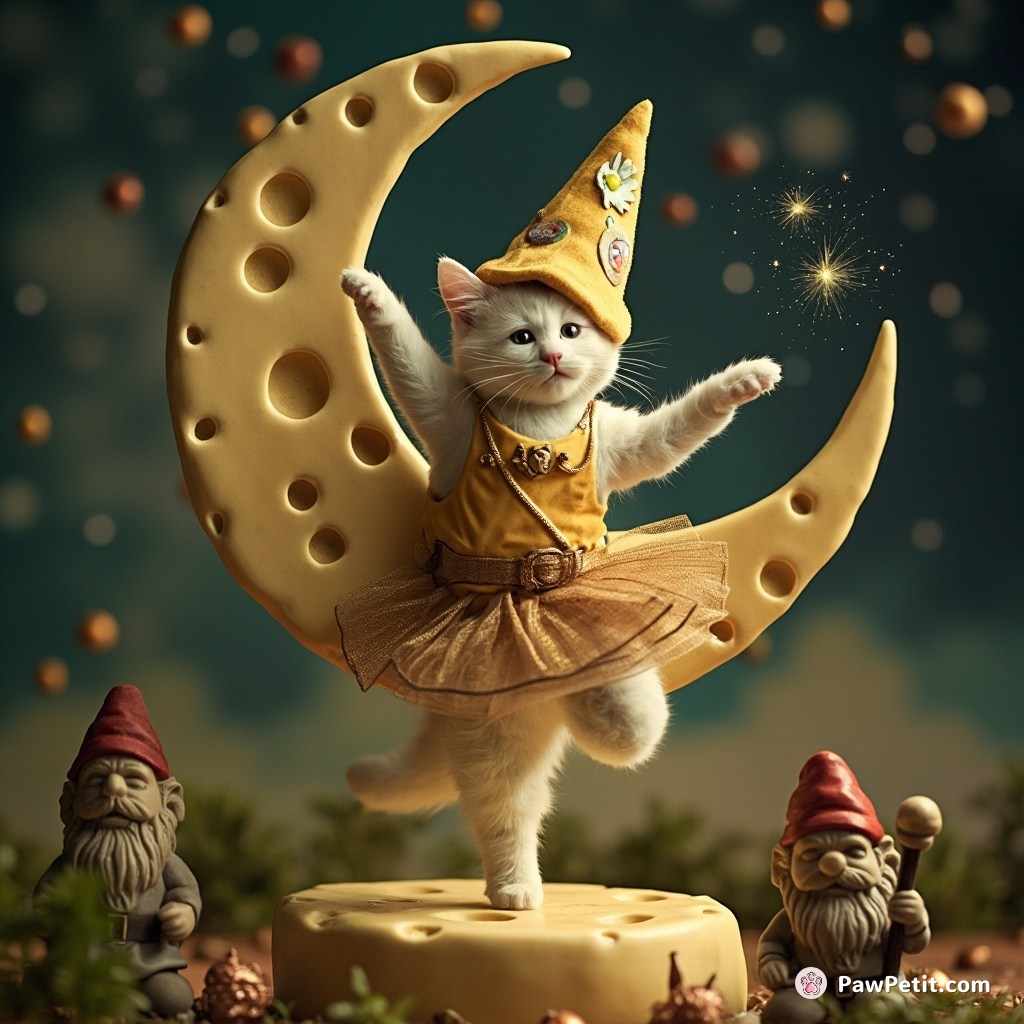 A cosmic cat dancing ballet on a cheese moon with a garden gnome.