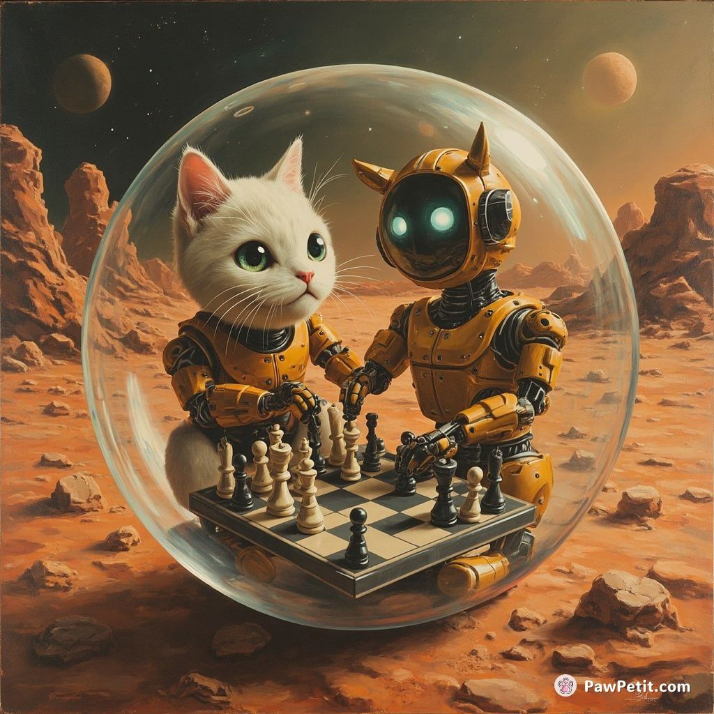 A futuristic robot cat playing 10-dimensional chess in a floating bubble on Mars.