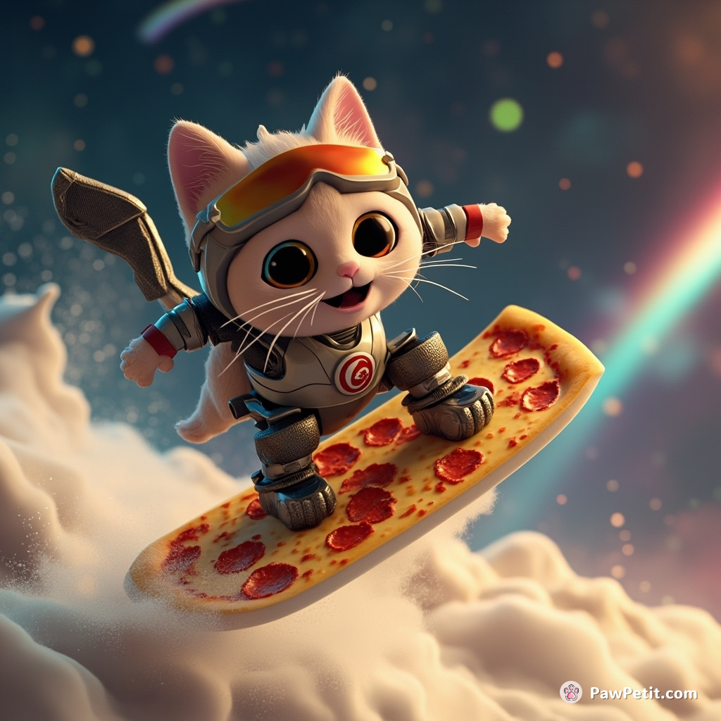 Cyborg cat surfing on a pizza slice across the milky galaxy.