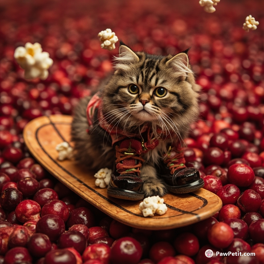 Cat surfing on a ruby-red sea of cranberries, avoiding popcorn meteors while wearing Elton John's legendary platform boots.