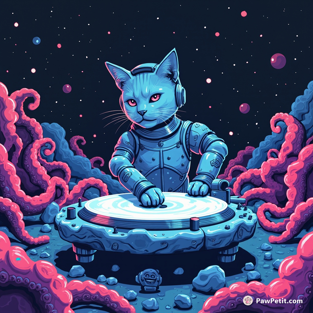 Cyborg cat DJing on a turntable made of moon rocks in an undersea club full of neon octopuses.