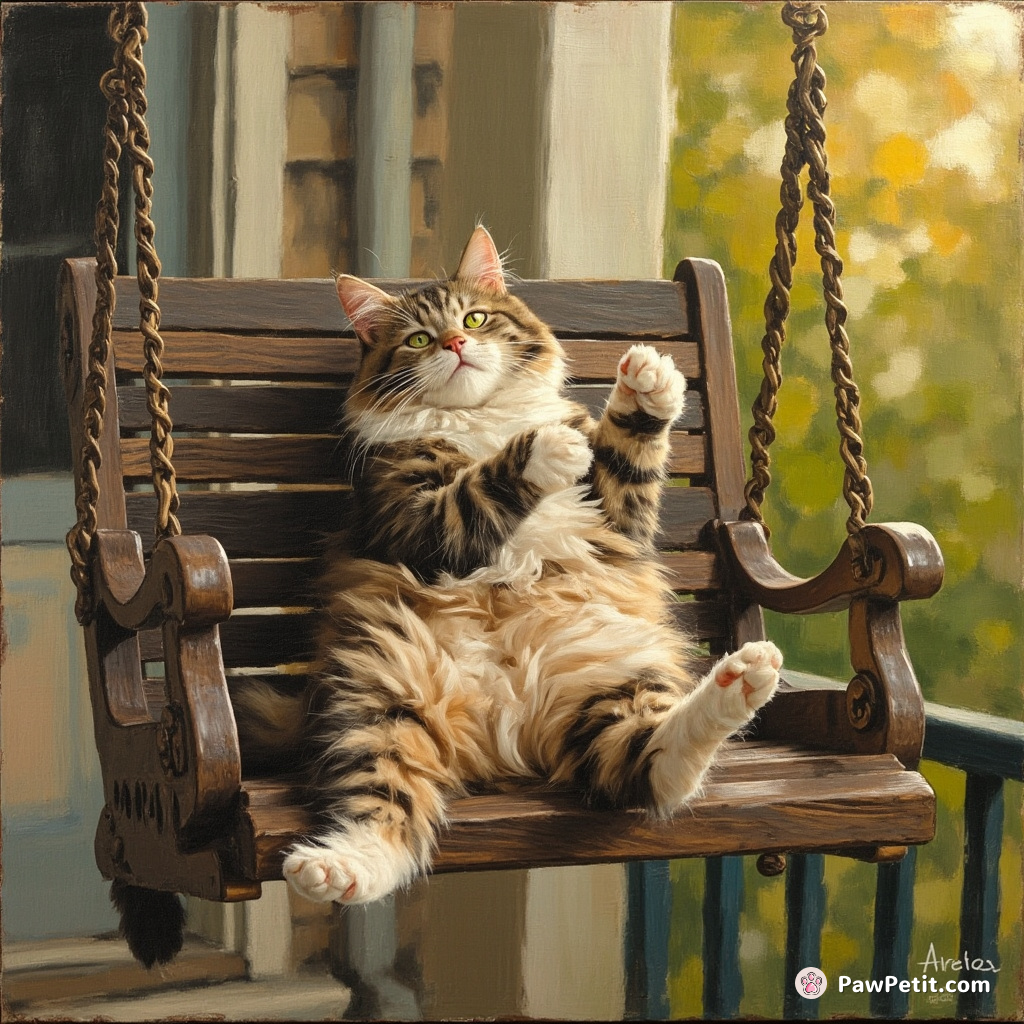 Cat sprawls on porch swing, paws up, pretending to sip tea while watching the world go by.
