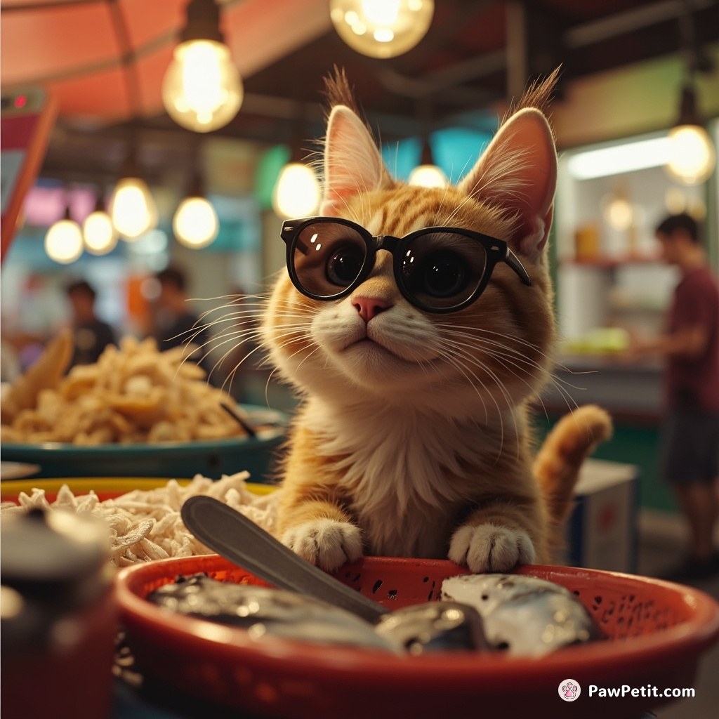 Tomcat dons sunglasses, browsing fish market booth, mentally labeling "eat now," and "save for later." Full belly theft.