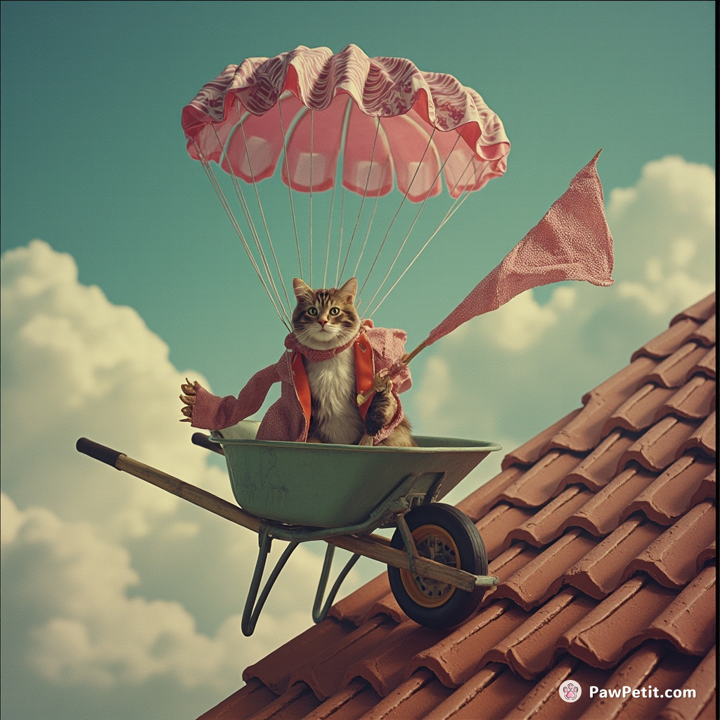 In a daring escape, Sir Whiskers parachutes off a roof using a tea towel, lands in a wheelbarrow, and plots world domination.