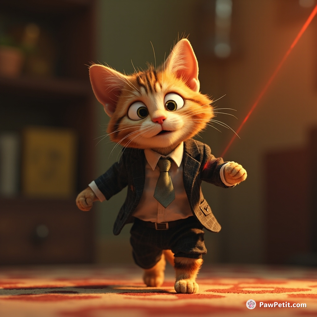 Whiskers dons a tie, perfecting the human art of "wearing a suit" while chasing a laser pointer.