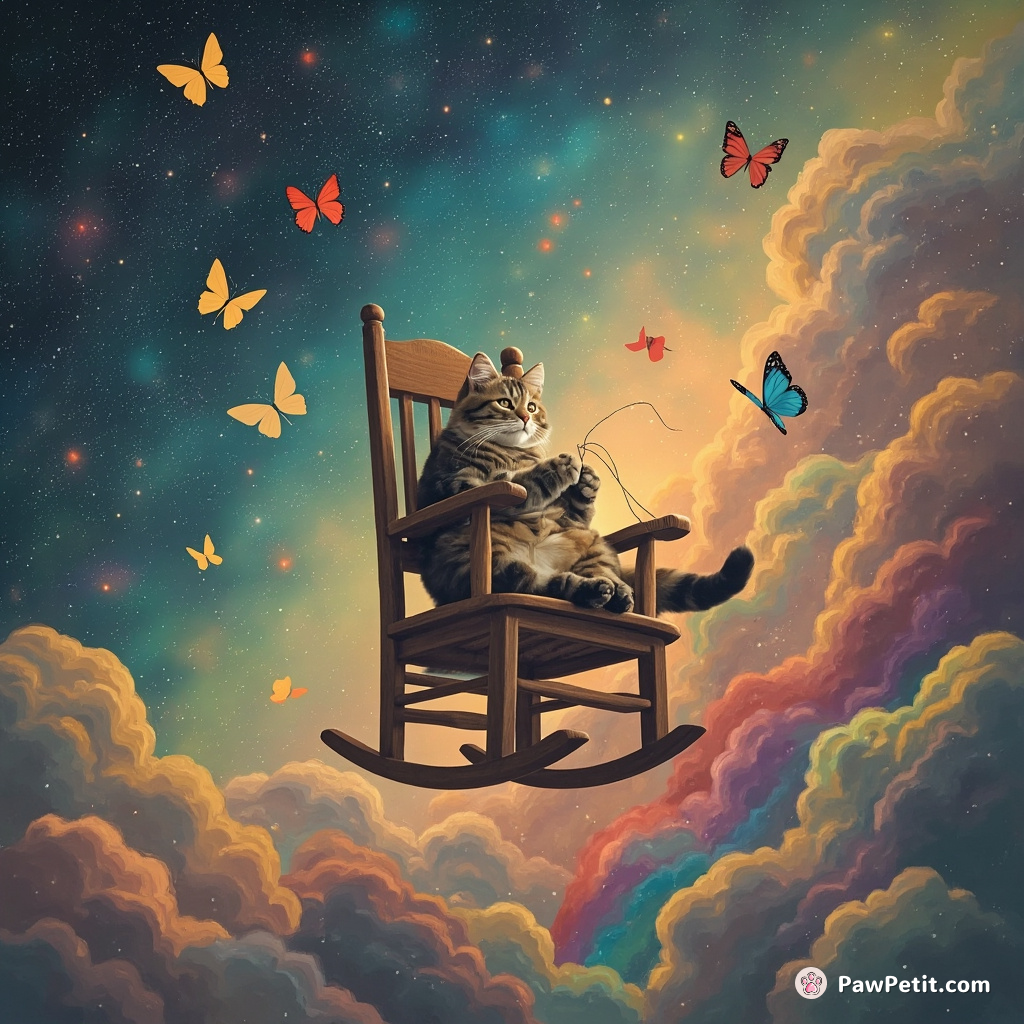 A cat lazing on a rocking chair floating in mid-air above a cloud of rainbow butterflies, knitting an otherworldly nebula with some cosmic threads.