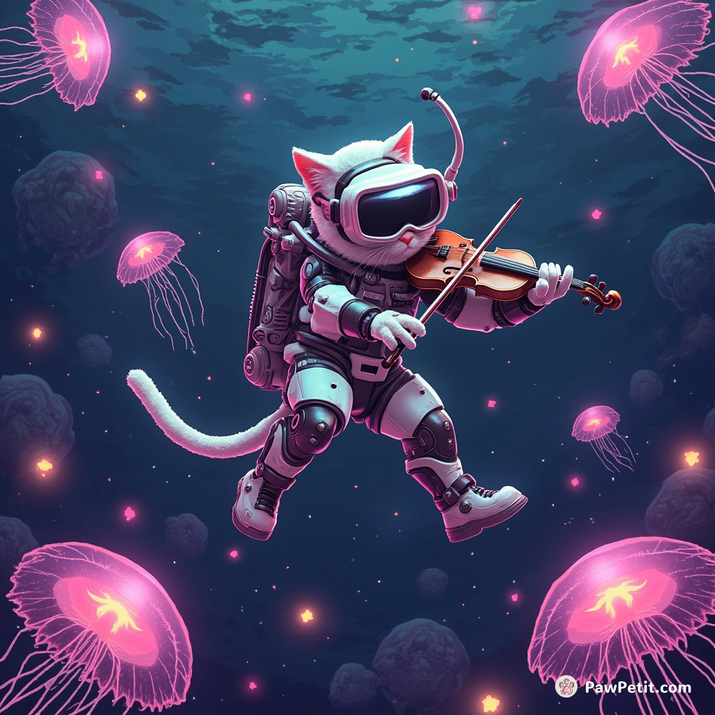 Cyborg cat scuba diving in a Mars ocean filled with glowing jellyfish, playing violin with its tail.