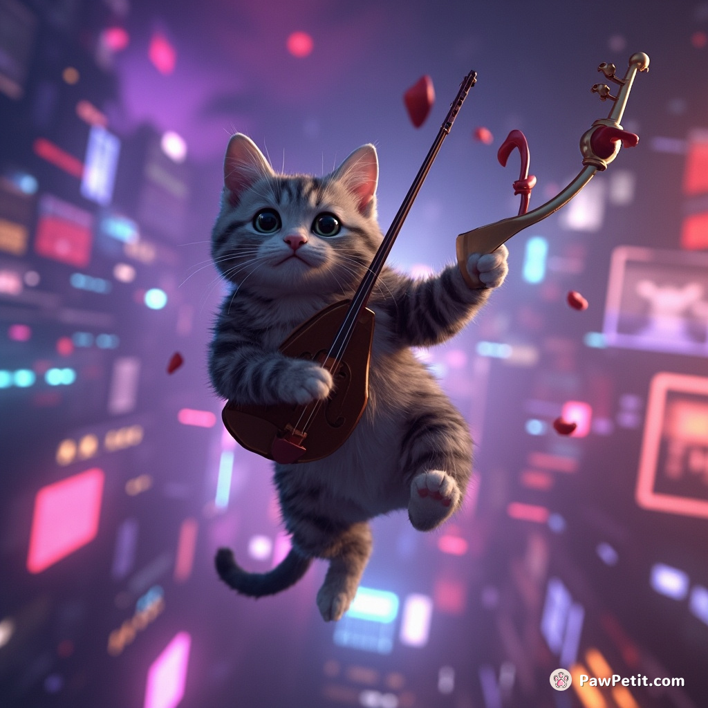 A cat levitating over a dystopian neon cityscape while plucking celestial violins with its tail.