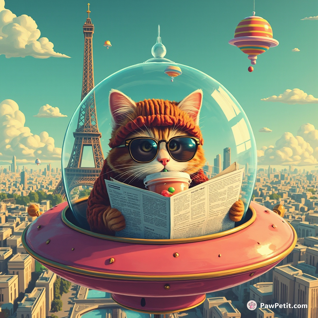 Hipster cat reading a binary code newspaper in a flying saucer over Paris, sipping 3D bubble tea.