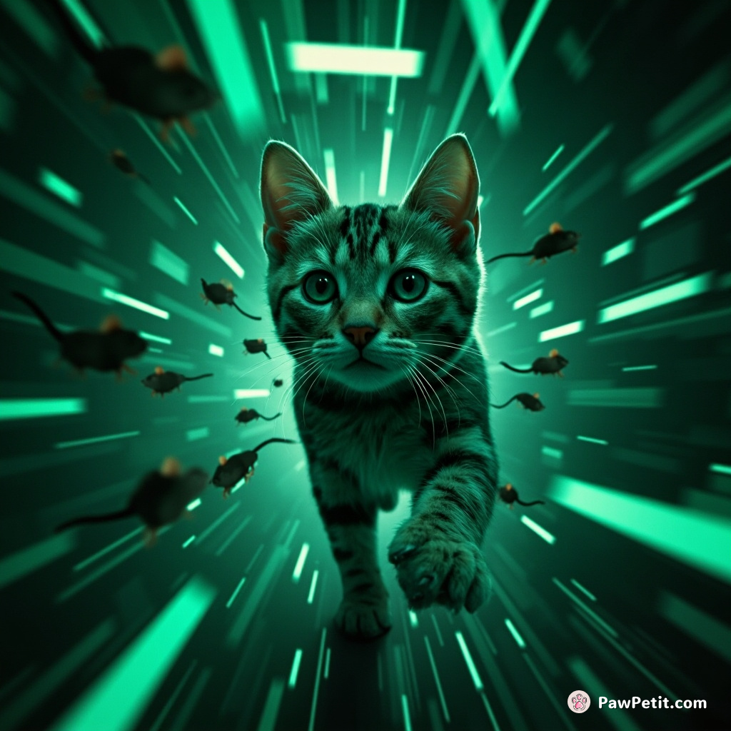 In a Matrix-like virtual reality, Catto, an entrusted feline presence, masterfully maneuvers through digital labyrinths chasing cyber mice.