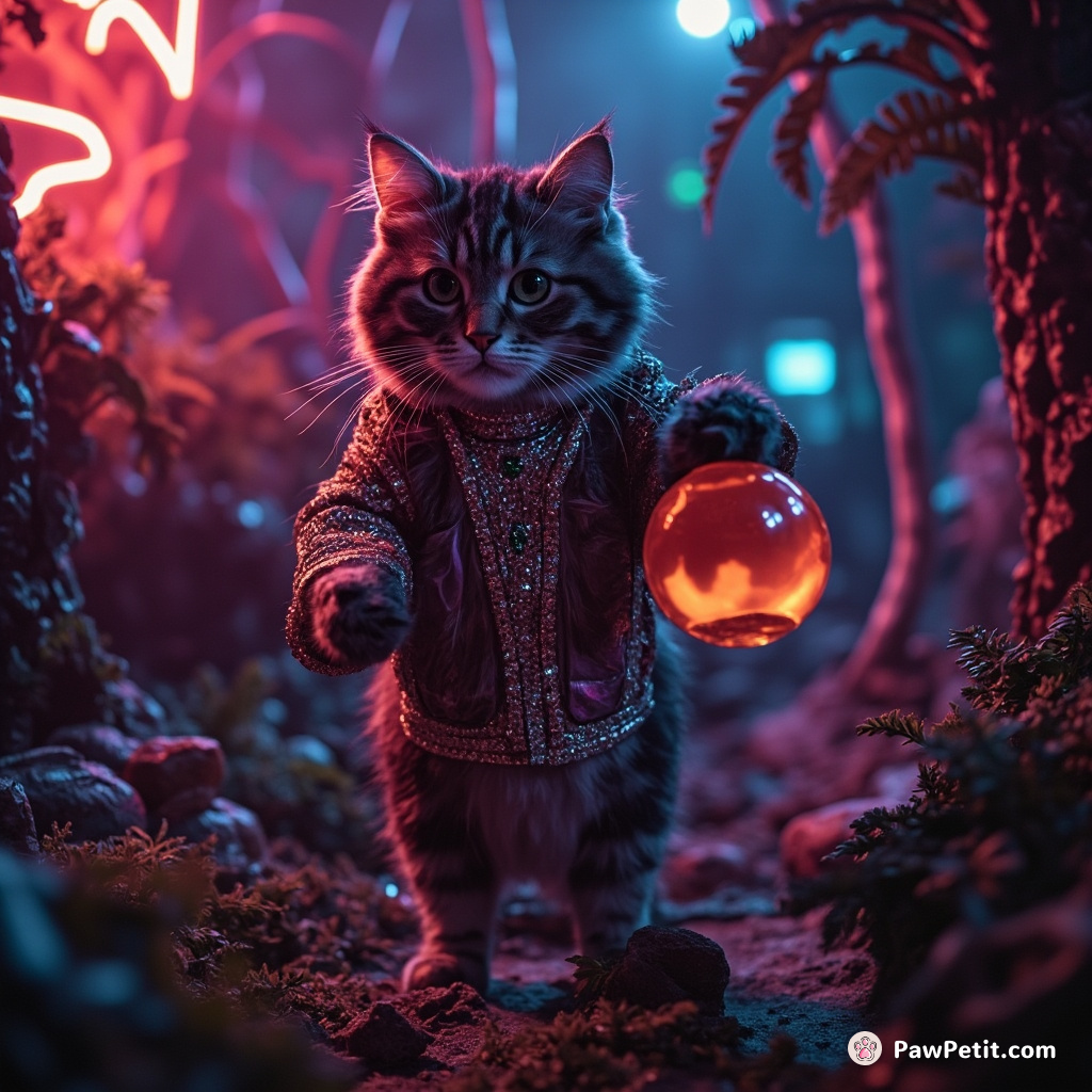 A jewel-encrusted cat shaking a magic 8-ball in a neon illuminated jungle at midnight.