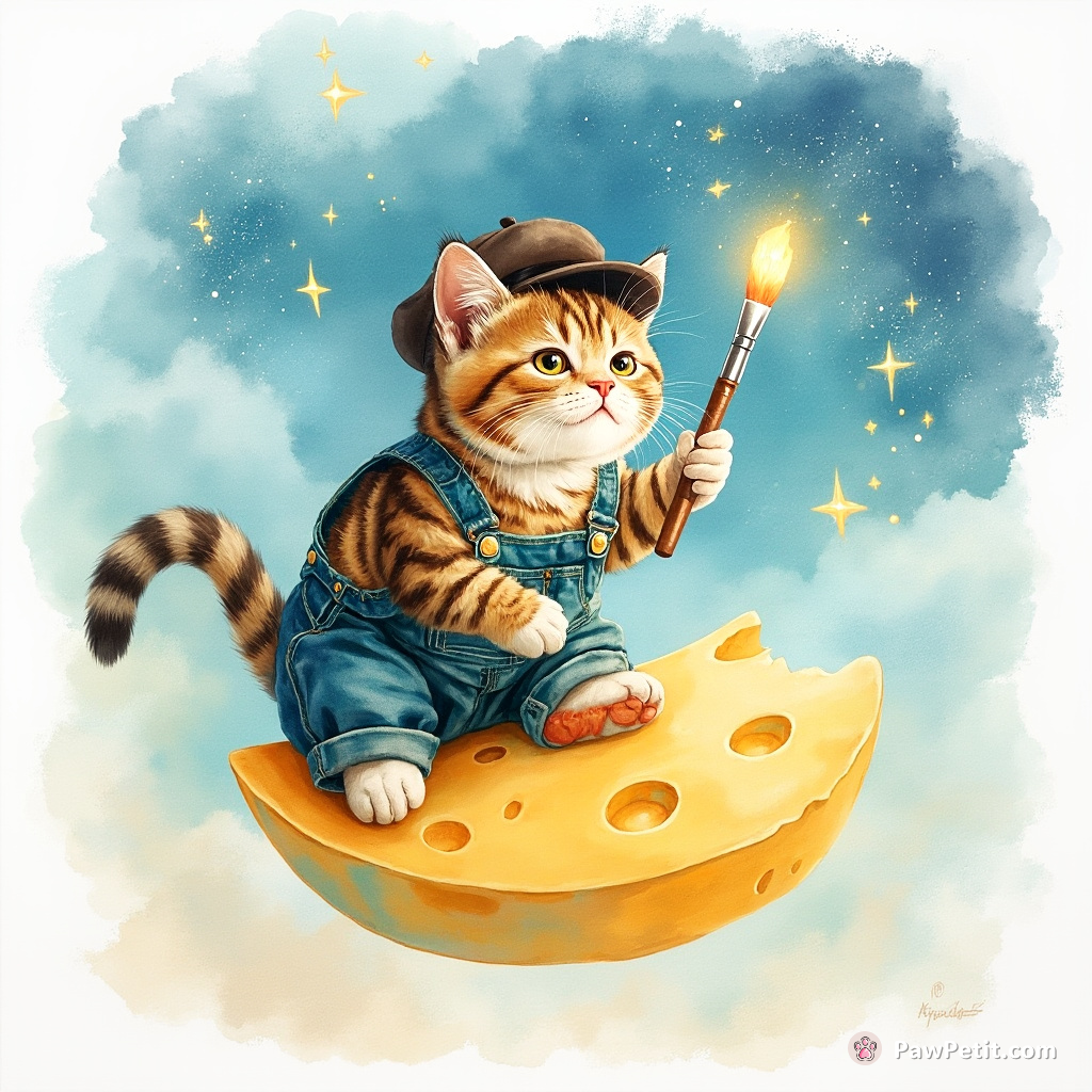 A tabby cat artist, wearing a beret and overalls, painting galaxies with his fancy tail atop a floating piece of turquoise cheese.
