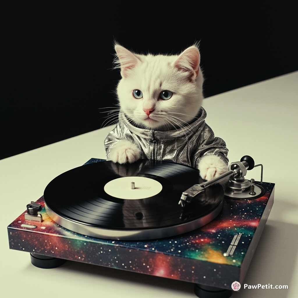 A disco-space-cat in a silver jumpsuit, spinning vinyl records on a galaxy-patterned turntable in zero gravity.