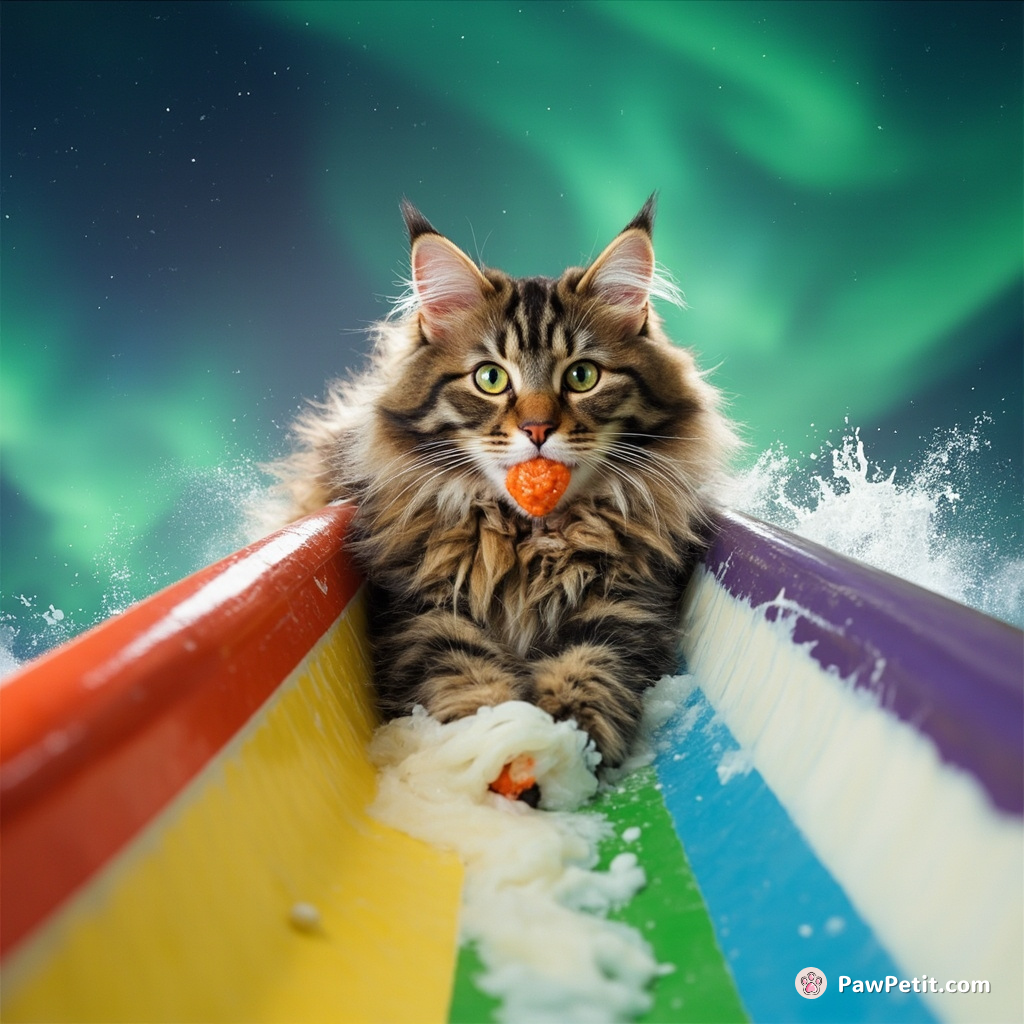 Giant cat descending down a rainbow slide with sushi in mouth, surfing on a stream of milk under aurora borealis.