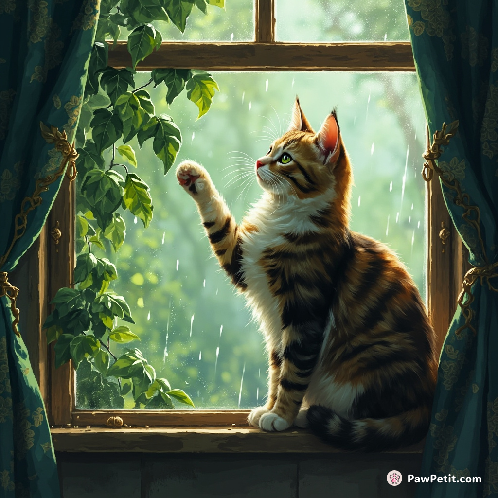A cat perches on a windowsill, paws pressed against the glass, yearning to touch the rain-soaked leaves outside.