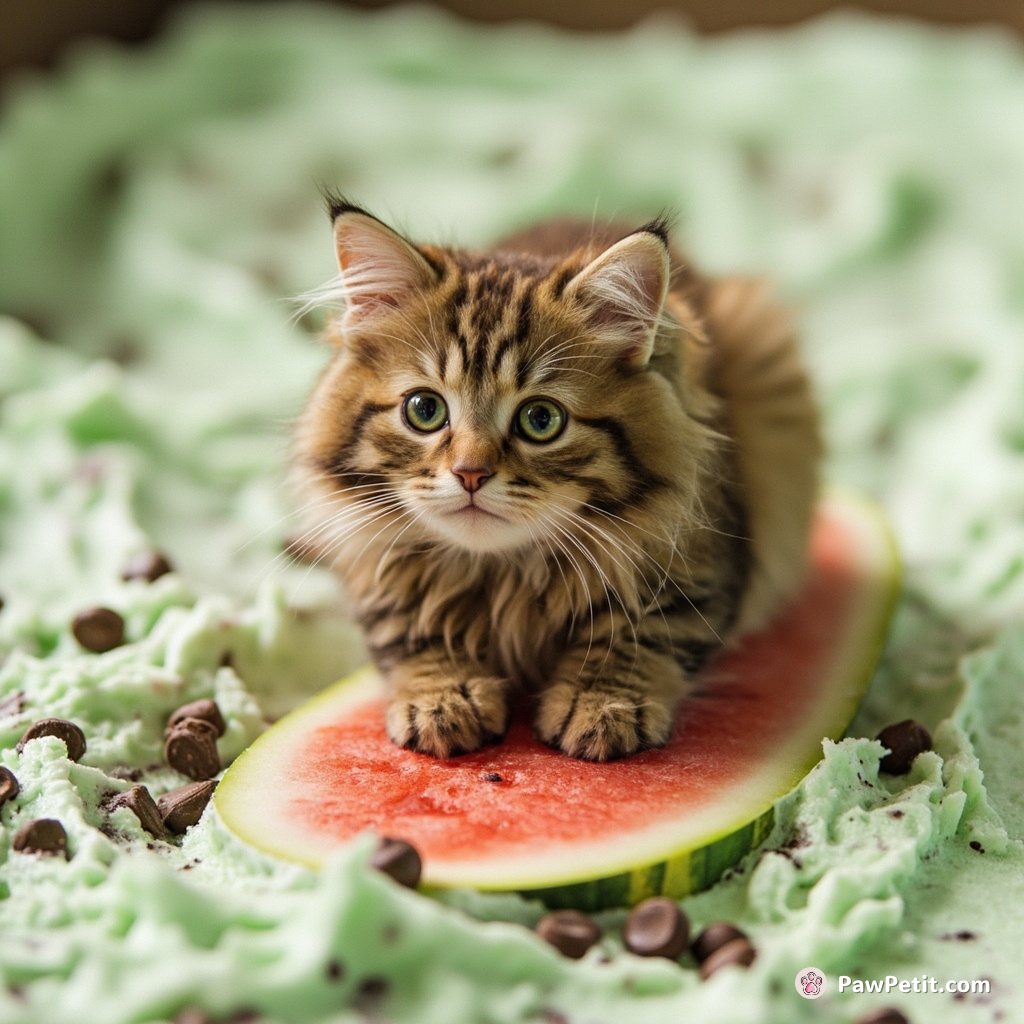 A golden-hued cat surfing on a slice of watermelon down a river of mint chocolate chip ice cream.