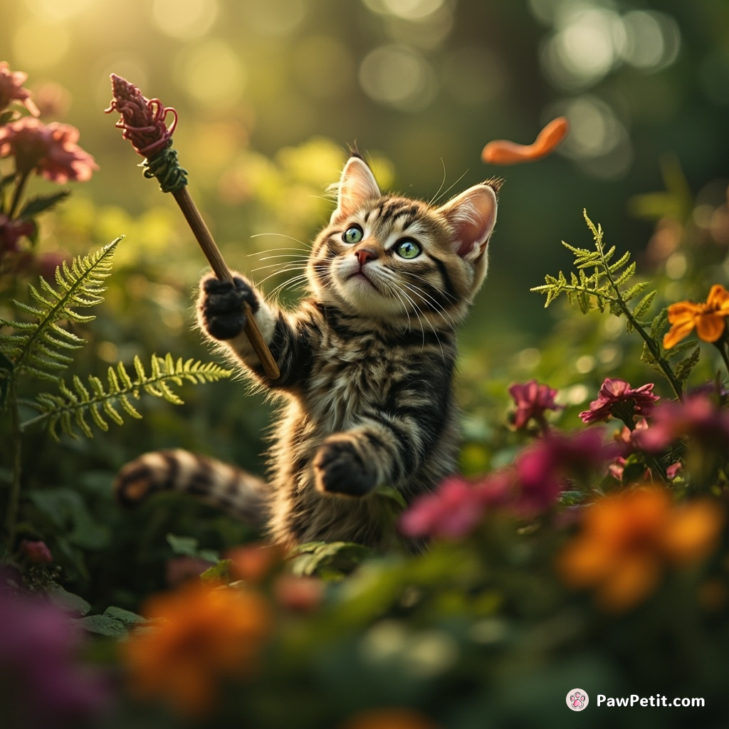 A whimsical cat leading a virtual symphony of garden plants, using an oversized fern frond as its conductor's baton.