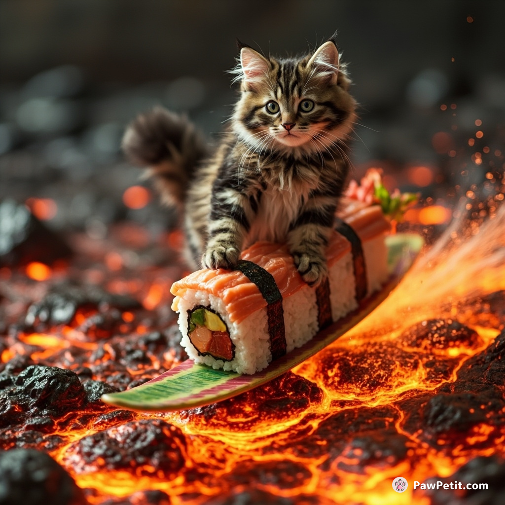 Cat surfing on an oversized rainbow sushi roll across a sea of lava.
