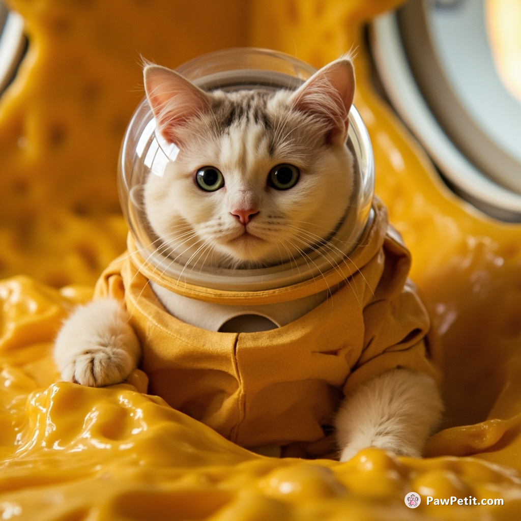 Cat in a space suit doing origami aboard a melting cheese spaceship.
