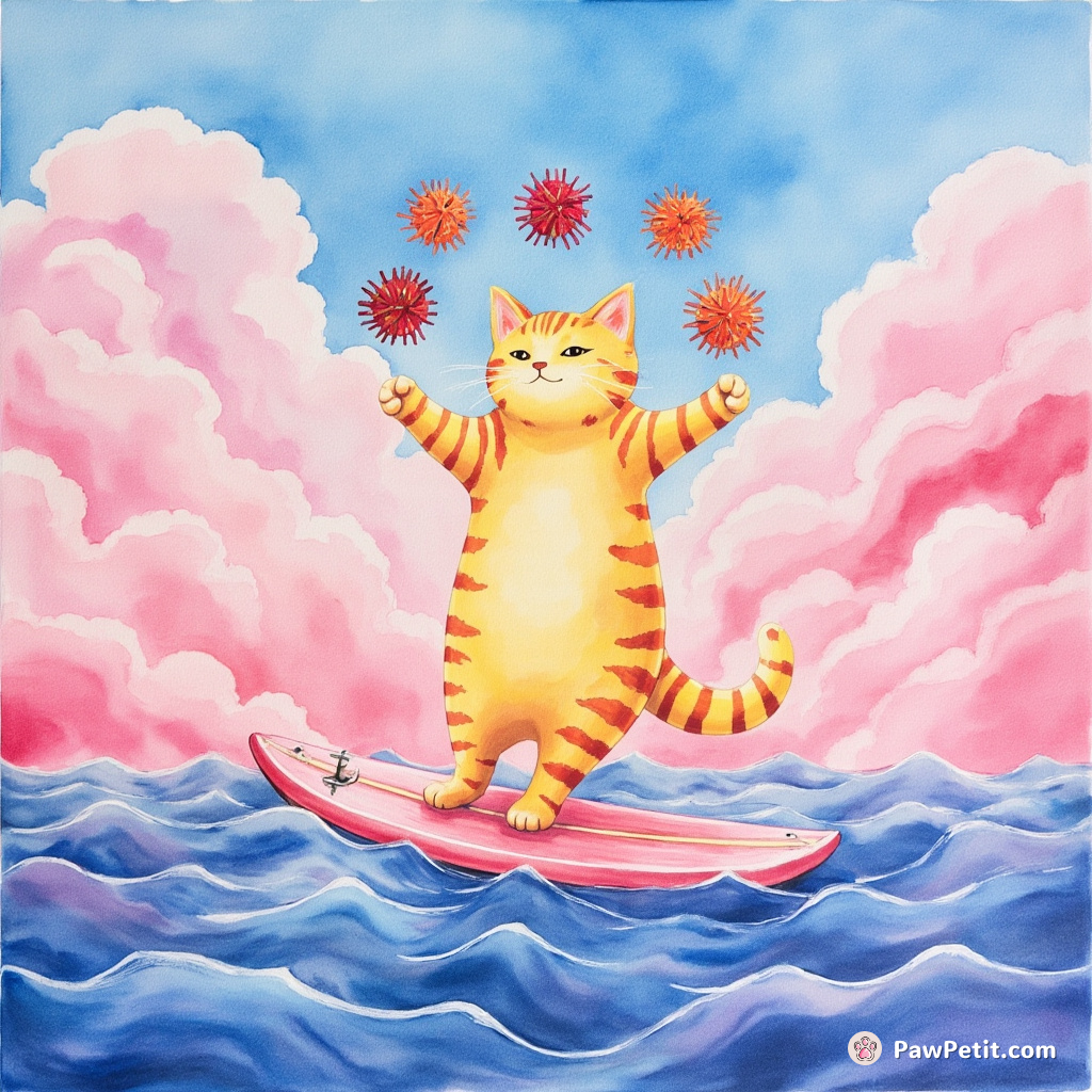 A fluorescent cat juggling sea urchins on a surfboard floating atop a raspberry ocean under a cotton-candy sky.